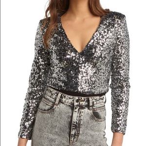 BARDOT SILVER SEQUIN LONG SLEEVE BODYSUIT